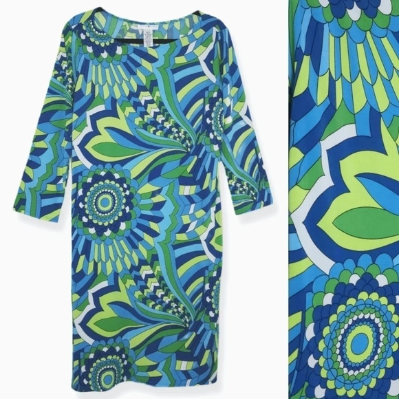 LONDON STYLE 3/4 Sleeve Shift Knee Length Dress, Colorful Retro, Size 12 - Picture 1 of 11